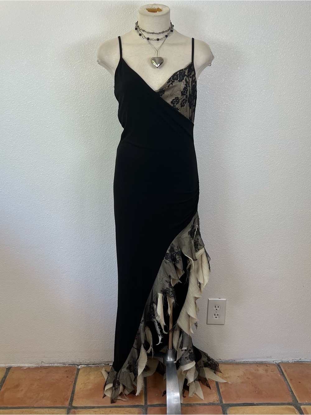 Black & Ivory Lace-Trim Slip Evening Dress